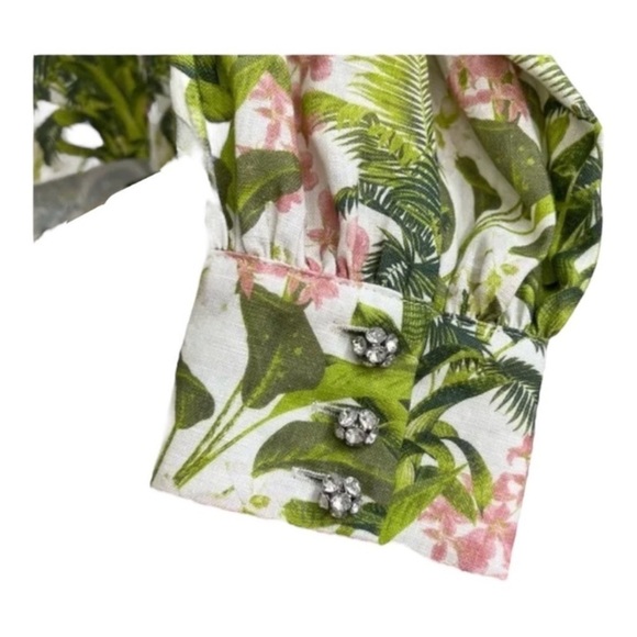 NEW Cami NYC Belkis Blouse Button Up Linen Shirt Green Floral Tropics - Picture 4 of 8
